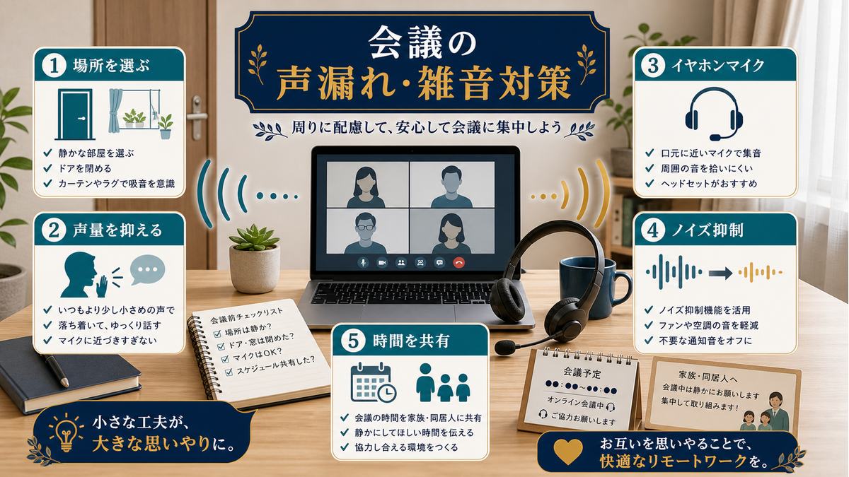 オンライン会議の声漏れや雑音を場所、声量、イヤホンマイク、ノイズ抑制、時間共有で対策する図