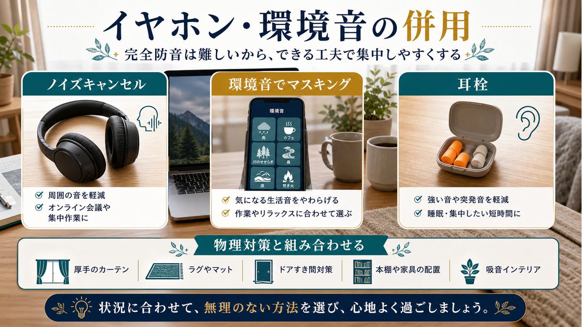 完全防音が難しい在宅ワークでノイズキャンセル、環境音、耳栓を物理対策と併用する図