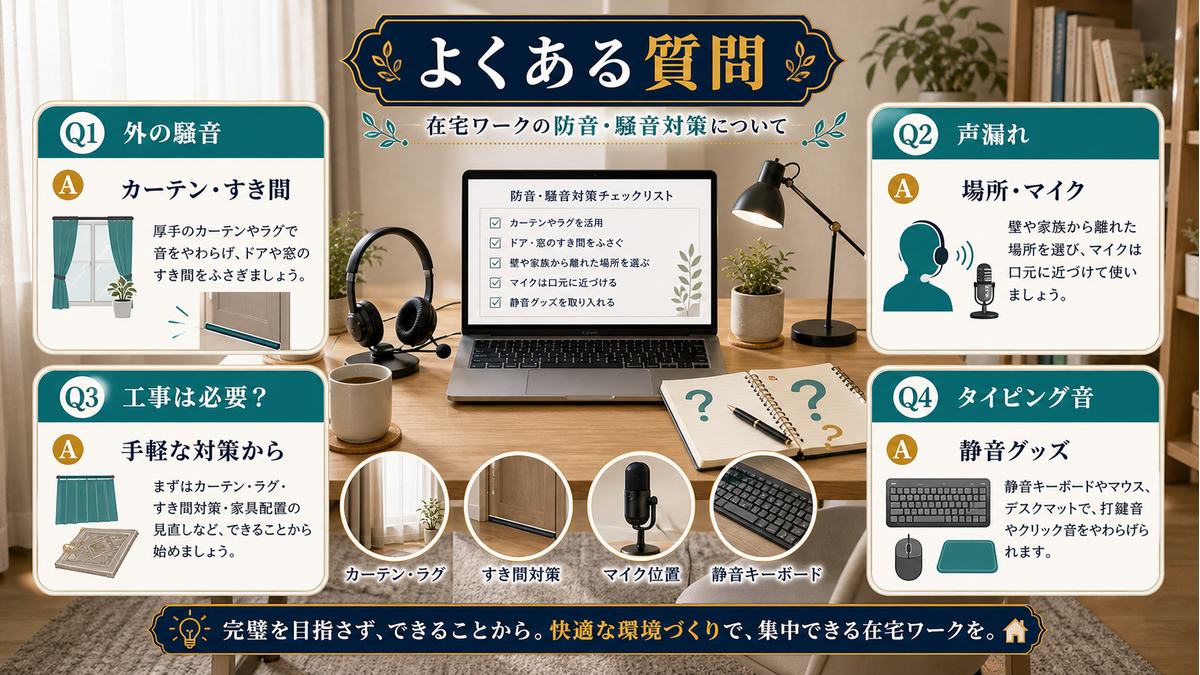 外の騒音、会議の声漏れ、防音工事、タイピング音についてのよくある質問をまとめた図