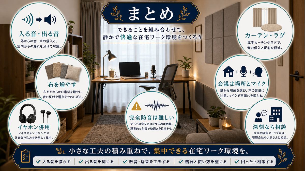 在宅ワークの防音と騒音対策を入る音、出る音、布製品、会議、イヤホン併用でまとめた図