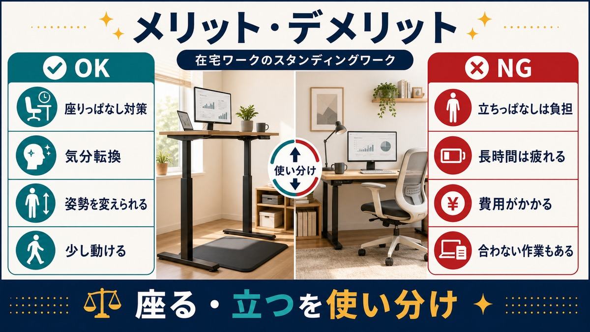 立ち作業のメリットと立ちっぱなしの負担を比較した図解