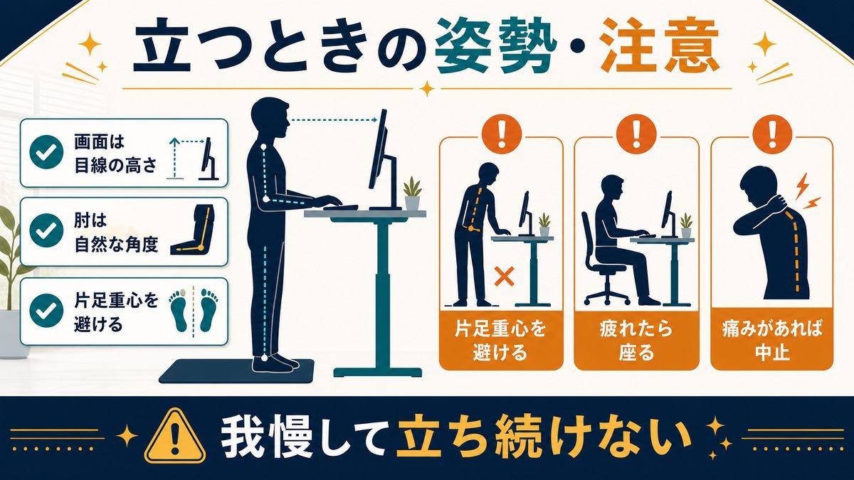 スタンディングデスクで画面の高さ肘の角度片足重心疲れや痛みに注意する図解