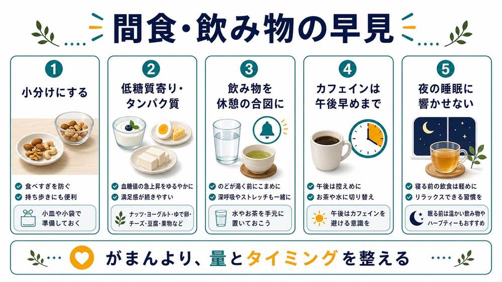 在宅ワークの間食と飲み物の早見として、小分け、低糖質寄りとタンパク質、飲み物を休憩の合図に、カフェインは午後早めまで、夜の睡眠に響かせないことをまとめた図解