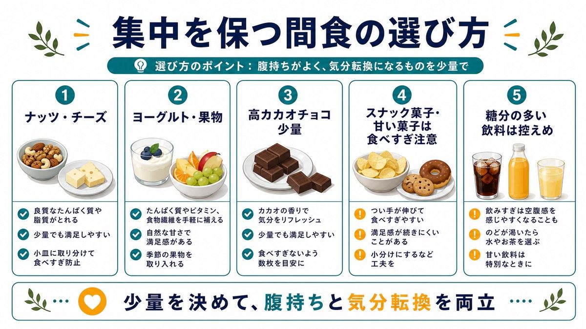 集中を保つ間食の選び方として、ナッツとチーズ、ヨーグルトと果物、高カカオチョコ少量、スナック菓子と甘い菓子は食べすぎ注意、糖分の多い飲料は控えめを示す図解