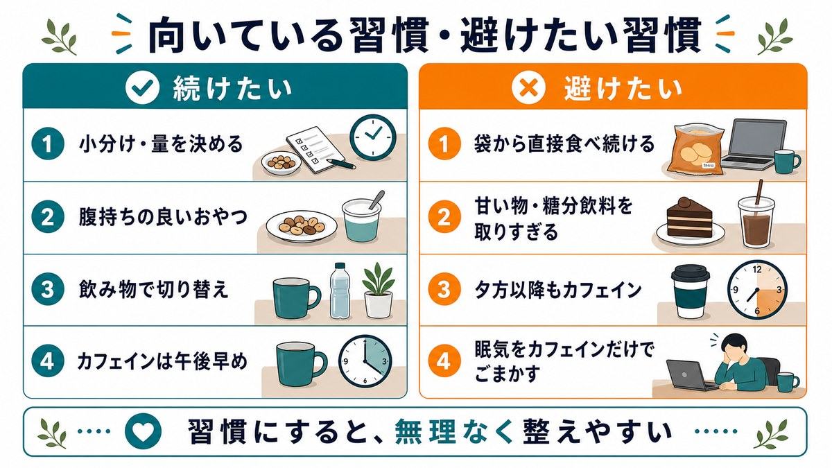 在宅ワークの間食と飲み物で続けたい習慣と避けたい習慣として、小分け、腹持ちの良いおやつ、飲み物で切り替え、午後早めのカフェイン、袋から直接、甘い物や糖分飲料の取りすぎ、夕方以降のカフェイン、眠気をカフェインだけでごまかすことを比較した図解