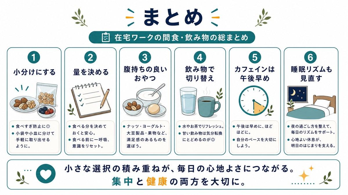 在宅ワークの間食と飲み物のまとめとして、小分けにする、量を決める、腹持ちの良いおやつ、飲み物で切り替え、カフェインは午後早め、睡眠リズムも見直すことを示す図解