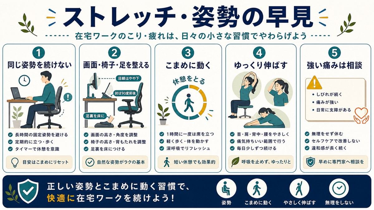 在宅ワークのストレッチと姿勢の早見として、同じ姿勢を続けない、画面椅子足を整える、こまめに動く、ゆっくり伸ばす、強い痛みは相談をまとめた図解