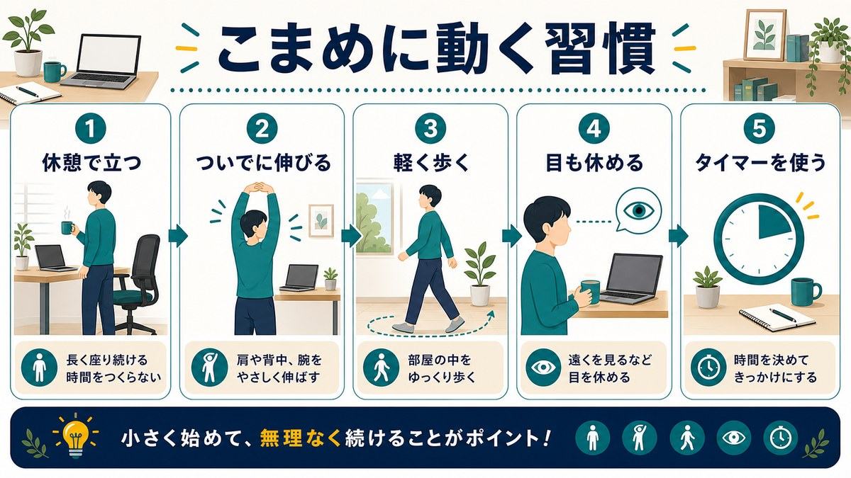 こまめに動く習慣として、休憩で立つ、ついでに伸びる、軽く歩く、目も休める、タイマーを使うことを示す図解