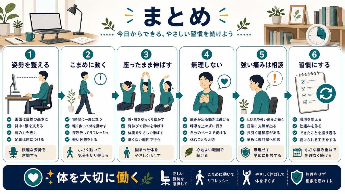 在宅ワークのストレッチと姿勢のまとめとして、姿勢を整える、こまめに動く、座ったまま伸ばす、無理しない、強い痛みは相談、体を大切に働くことを示す図解