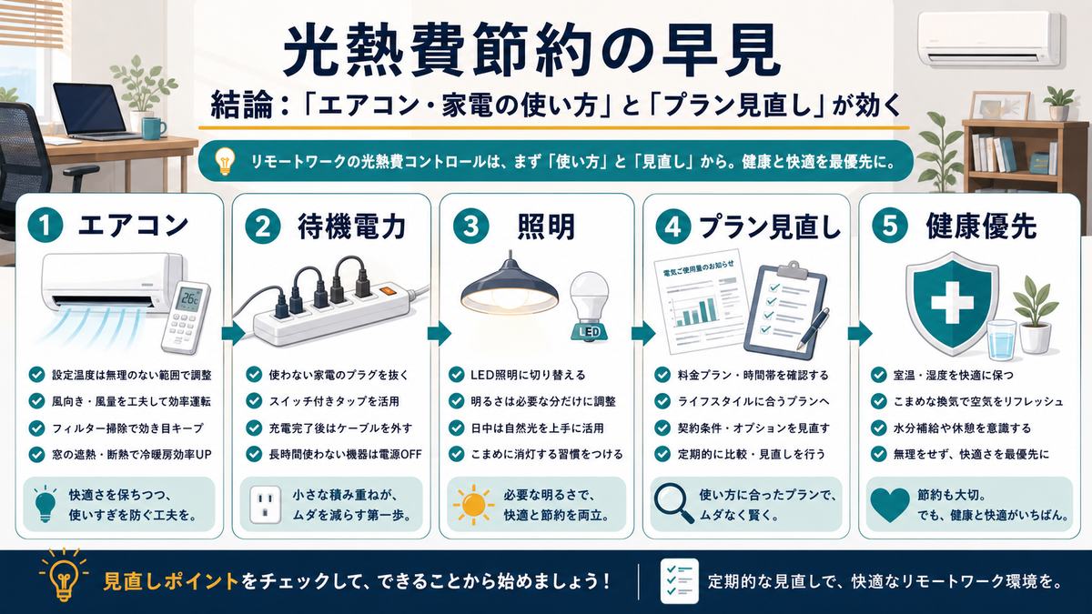 在宅ワークの光熱費節約はエアコン、待機電力、照明、プラン見直し、健康優先を押さえる早見図