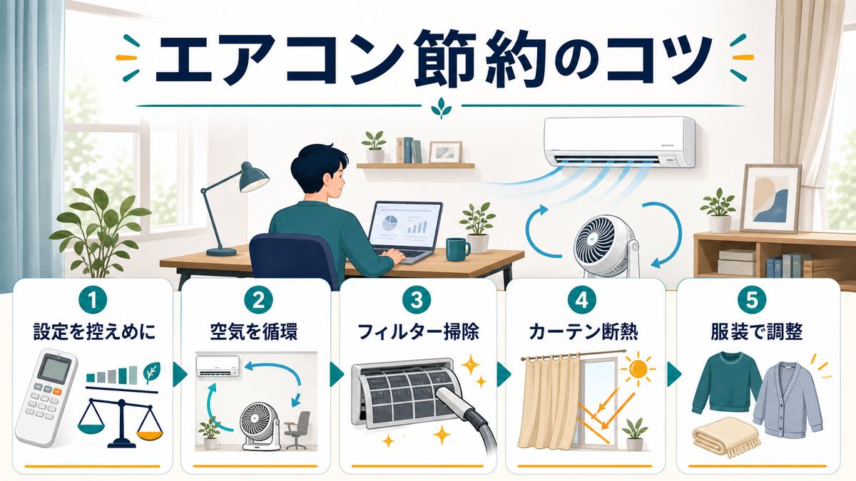 エアコン節約のコツとして、設定を控えめに、空気を循環、フィルター掃除、カーテン断熱、服装で調整する図解