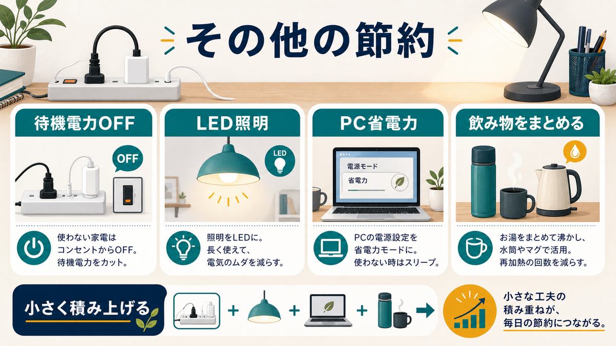 その他の節約として、待機電力OFF、LED照明、PC省電力、飲み物をまとめる、小さく積み上げる工夫の図解