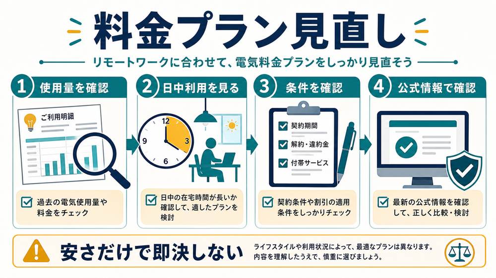 料金プラン見直しでは、使用量、日中利用、条件、公式情報を確認し、安さだけで即決しないことを示す図解