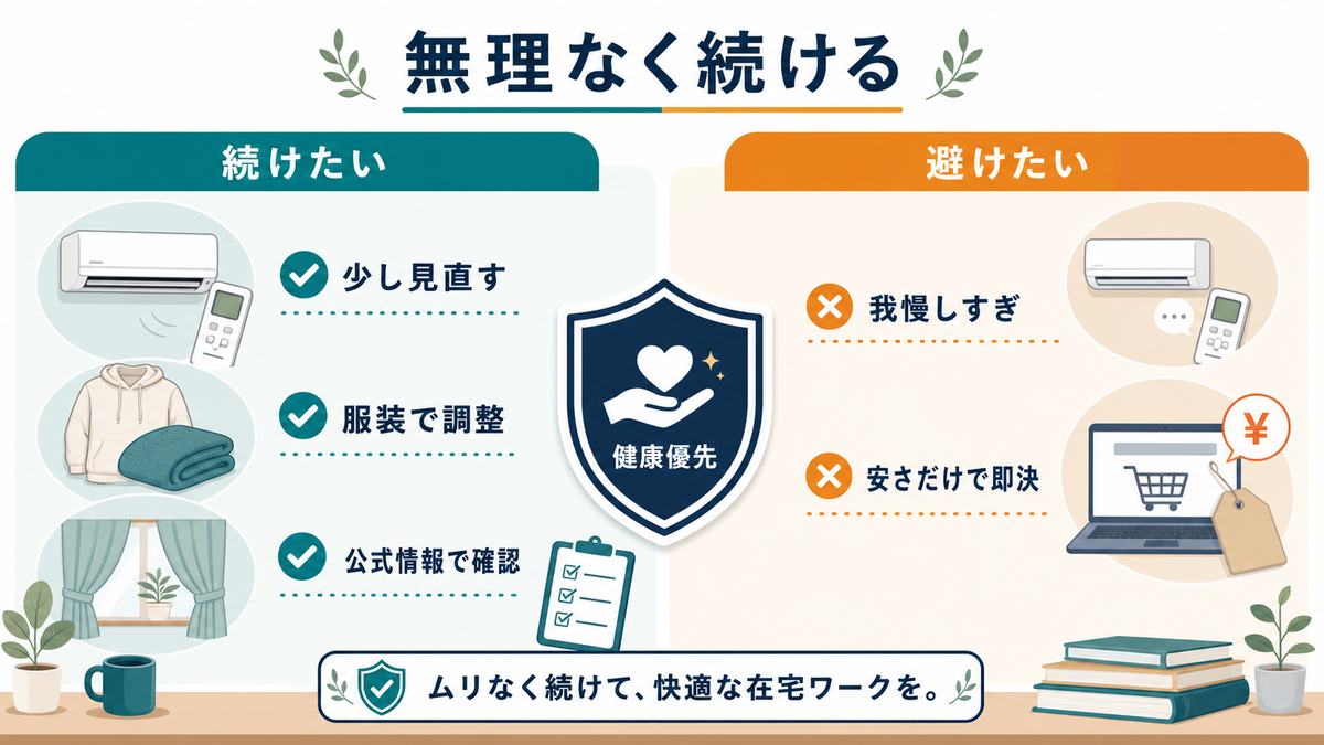 無理なく続ける節約と避けたいこととして、少し見直す、服装で調整、公式情報で確認、我慢しすぎ、安さだけで即決を比較した図解
