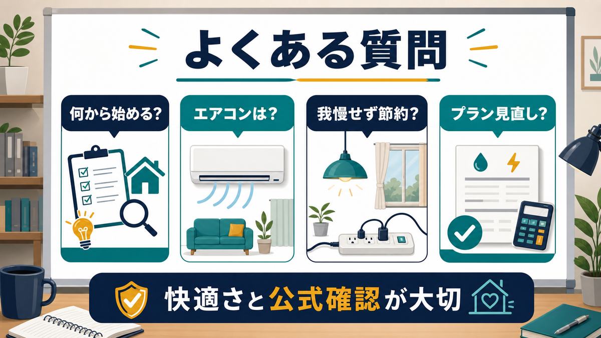 在宅ワークの光熱費節約FAQとして、何から始めるか、エアコン、我慢せず節約、プラン見直し、快適さと公式確認をまとめた図解