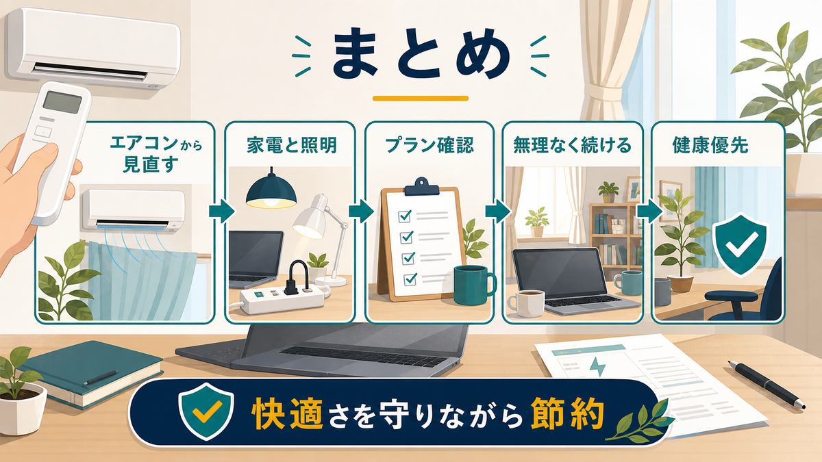 在宅ワークの光熱費節約のまとめとして、エアコン、家電と照明、プラン確認、無理なく続ける、健康優先を示す図解