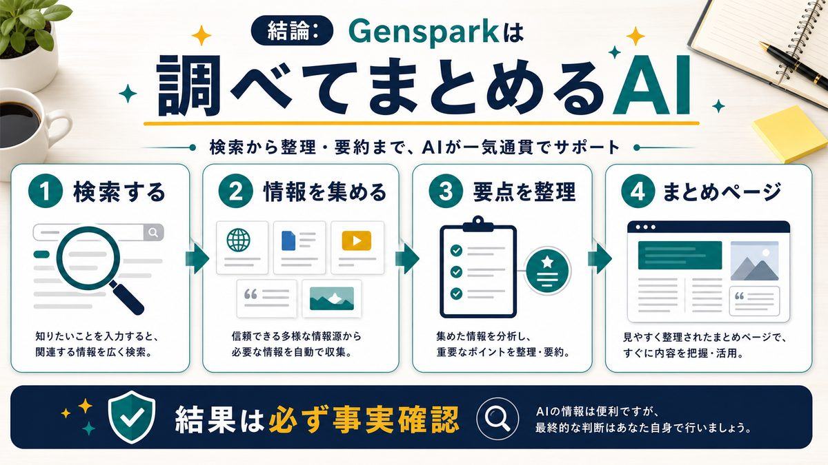 Gensparkが調べ物と要点整理を一度に進める流れを示した図解