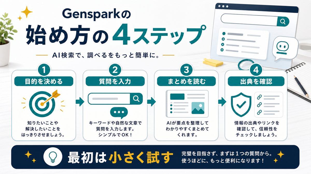 Gensparkの始め方を4ステップで整理した図解