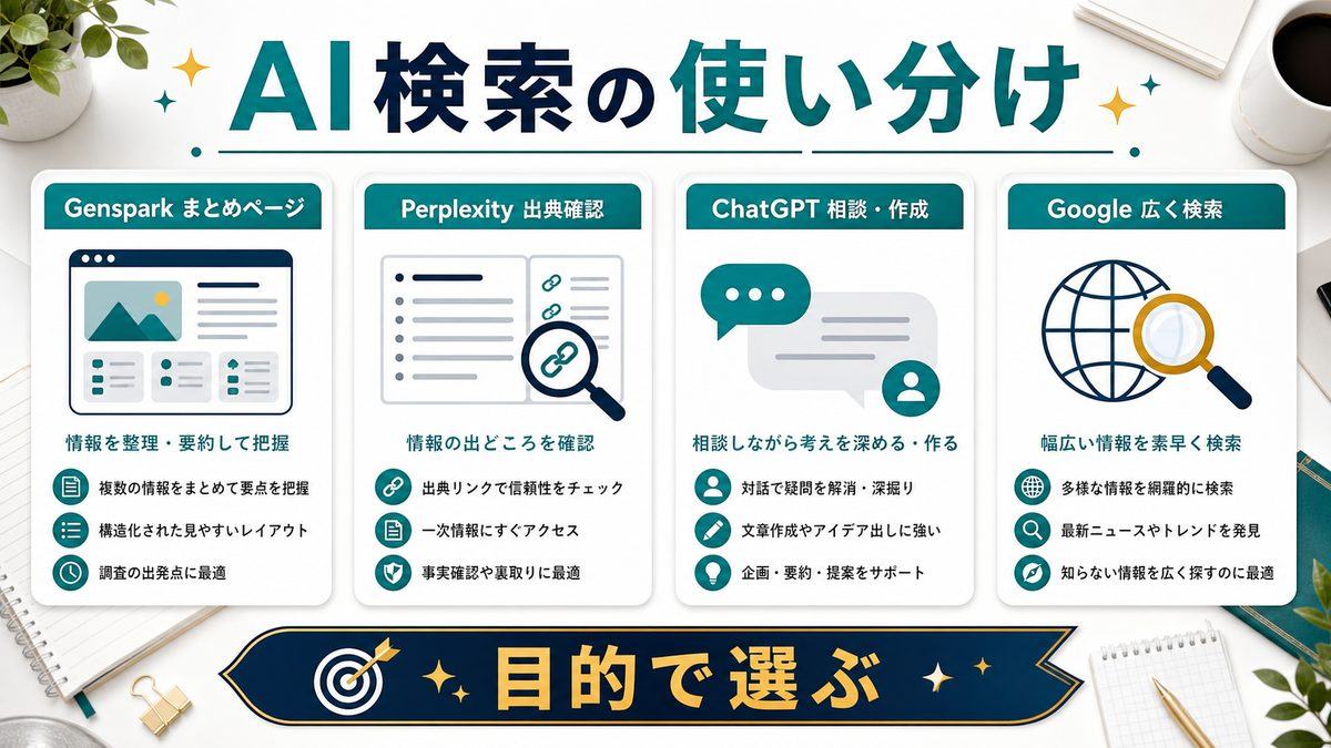 Gensparkと他のAI検索の使い分けを整理した図解