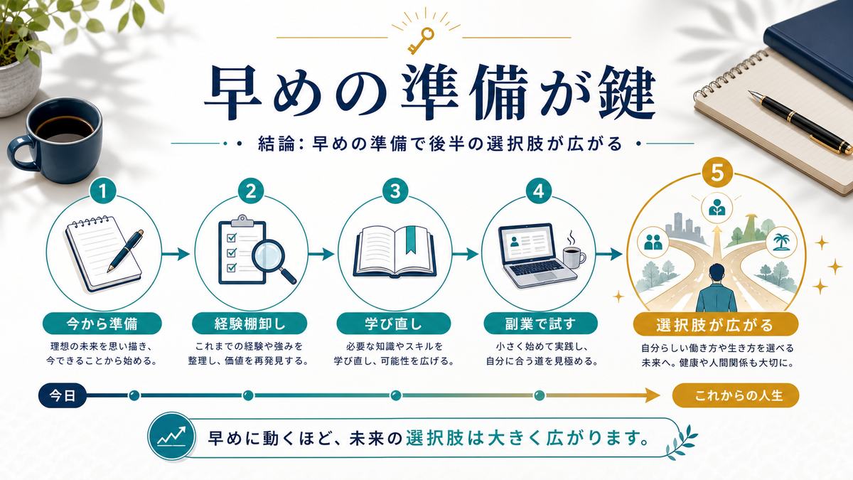 セカンドキャリアは早めの準備で選択肢が広がることを示す図解