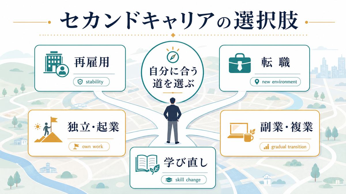 再雇用、転職、独立、学び直し、副業複業というセカンドキャリアの選択肢の図解