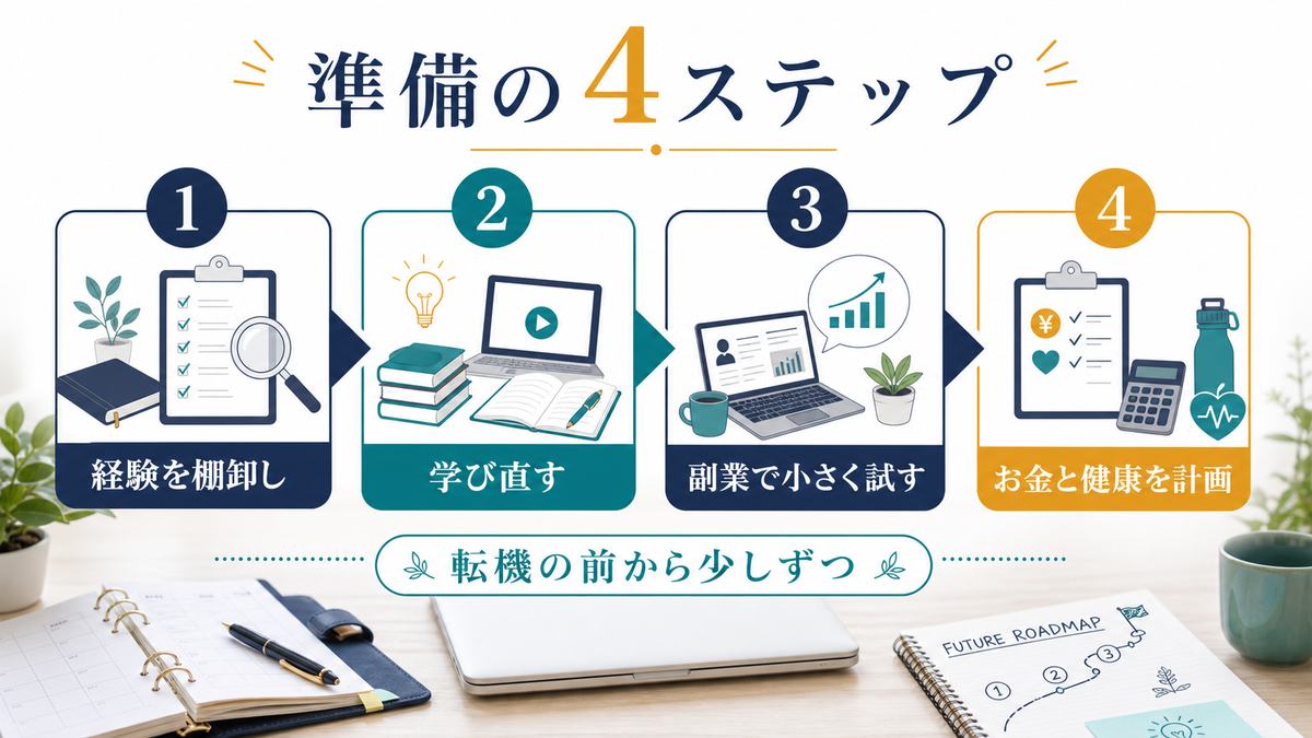 セカンドキャリア準備の4ステップを示す図解
