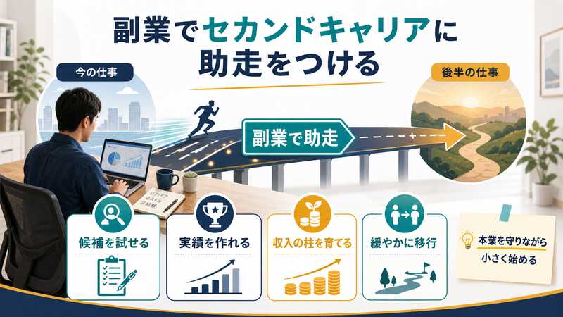 副業でセカンドキャリアの候補を小さく試す助走期間の図解