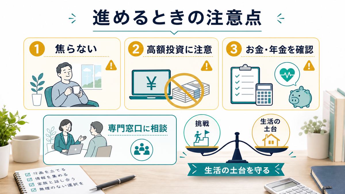 セカンドキャリアを進めるときの焦りや高額投資への注意点の図解