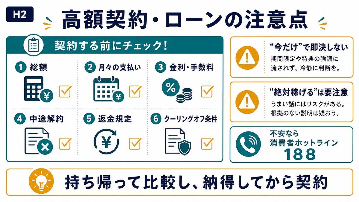 スクールの高額契約やローン前に総額月々金利中途解約返金規定クーリングオフ条件を確認する図解