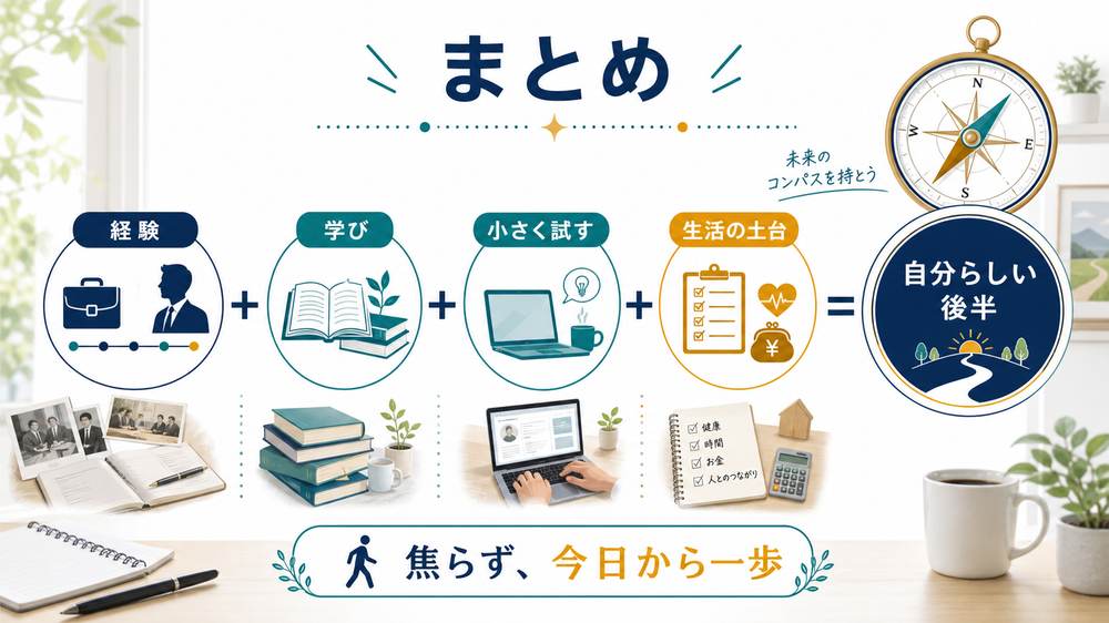 セカンドキャリアは経験、学び、小さく試すこと、生活の土台で設計するというまとめ図解