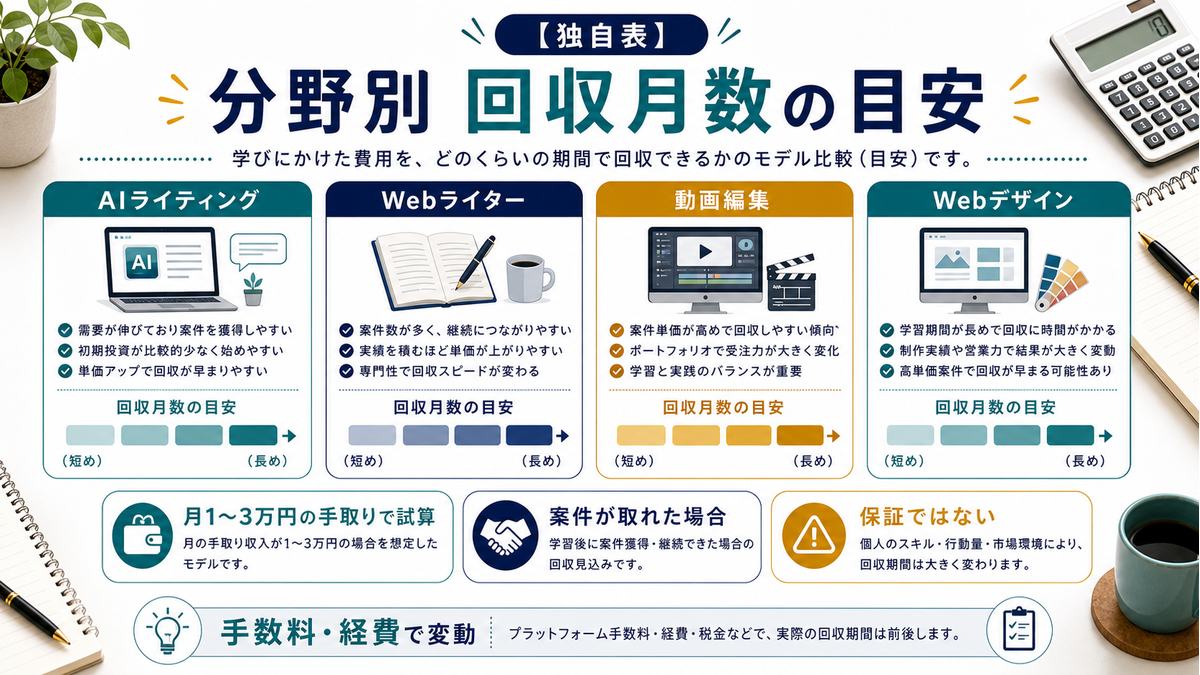 分野別スクール別の回収月数の目安を比較する図解