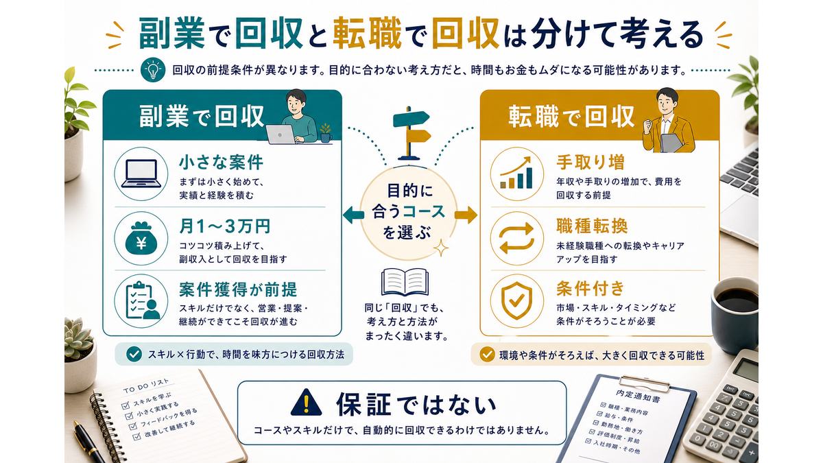 副業で回収する場合と転職で回収する場合を分けて考える図解