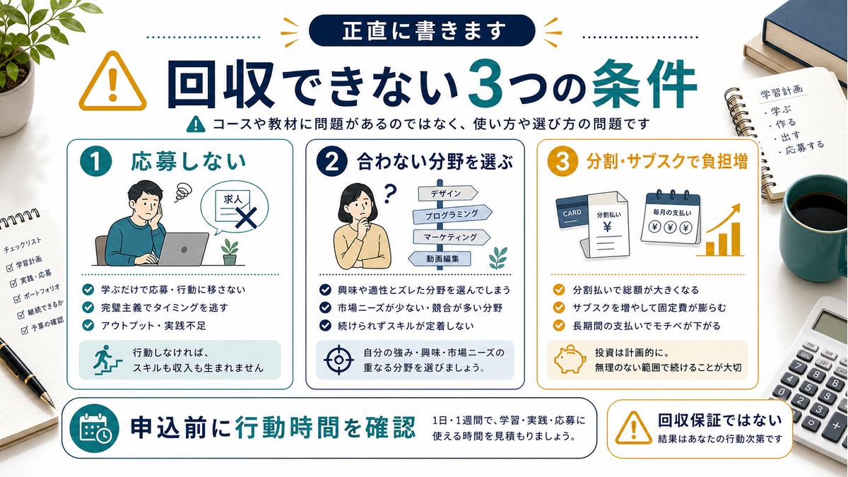 スクール代を回収できない3つの条件を示す注意図解