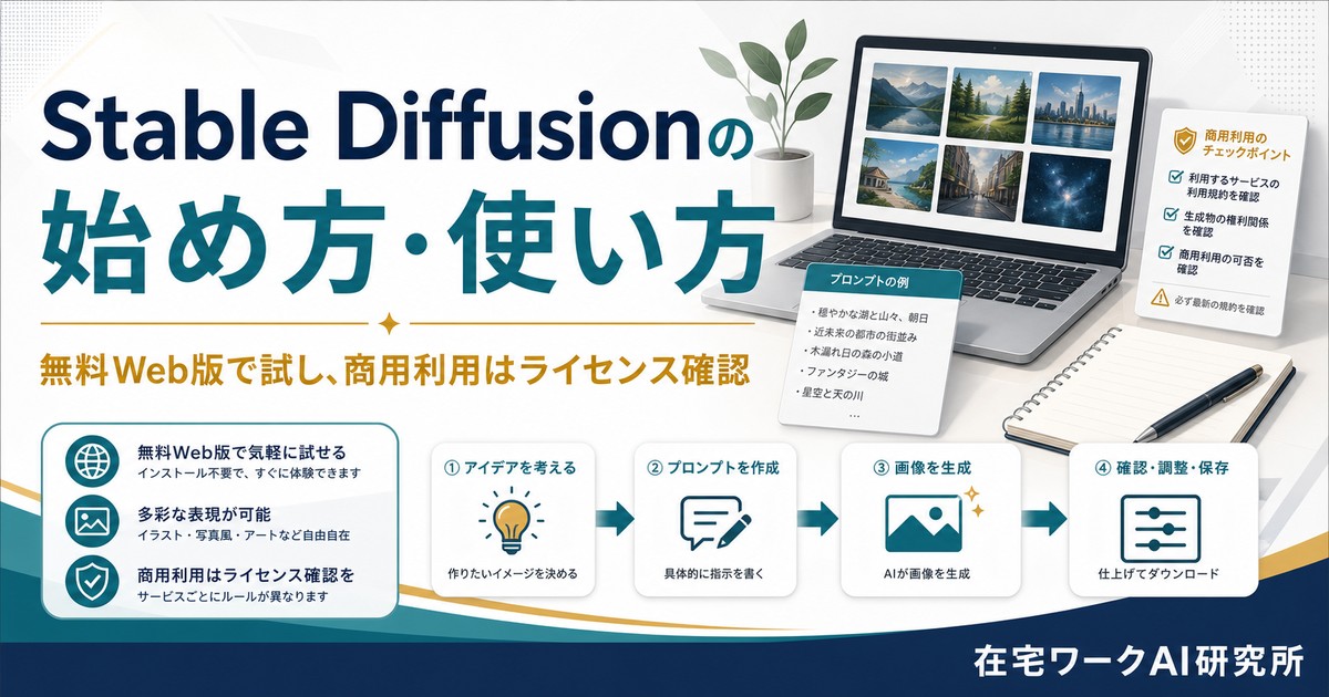 Stable Diffusionを無料Web版で試し商用利用はライセンス確認する流れのアイキャッチ画像
