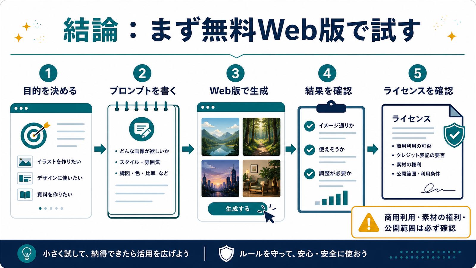 目的を決めプロンプトを書きWeb版で画像生成して結果とライセンスを確認する図