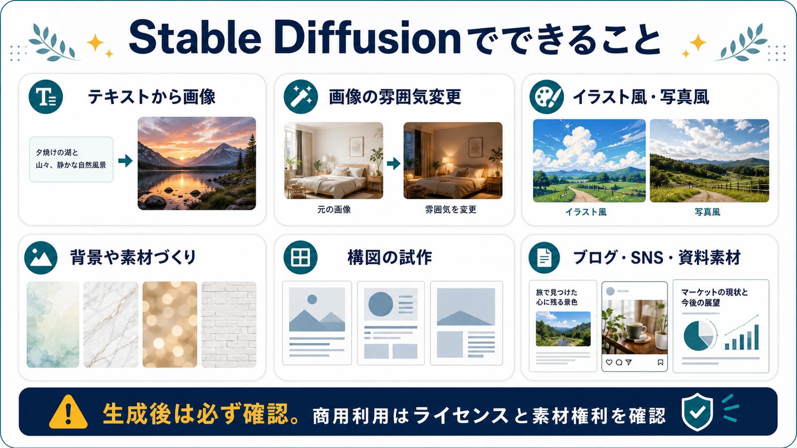 Stable Diffusionでテキストから画像雰囲気変更イラスト写真風背景素材構図試作ができる図
