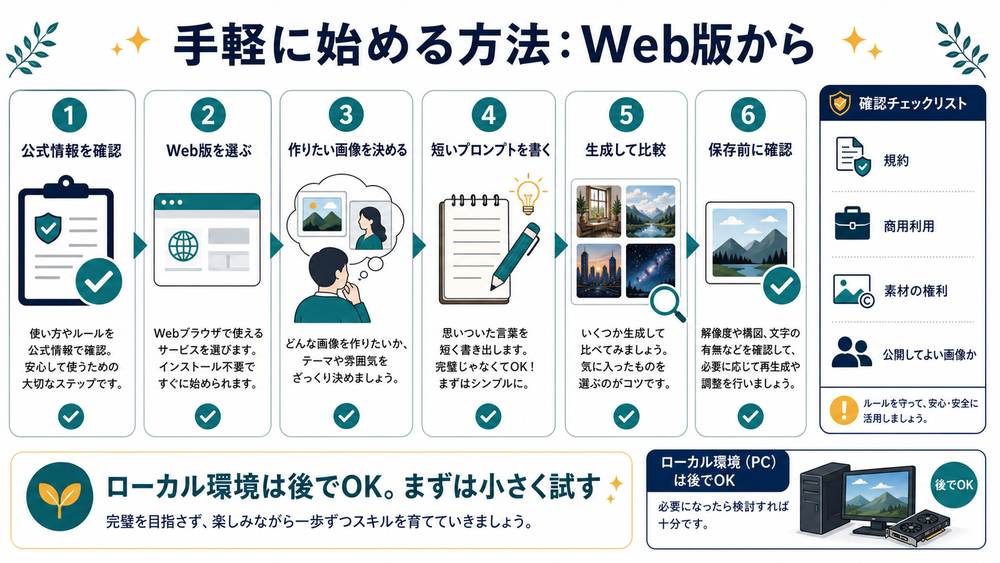 公式情報Web版画像目的プロンプト生成比較保存前確認までのStable Diffusionの始め方図