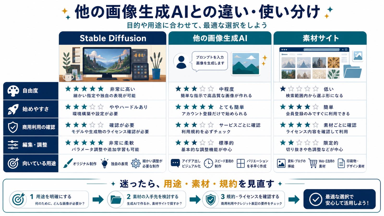 Stable Diffusion他の画像生成AI素材サイトを自由度始めやすさ商用確認編集用途で比較する図