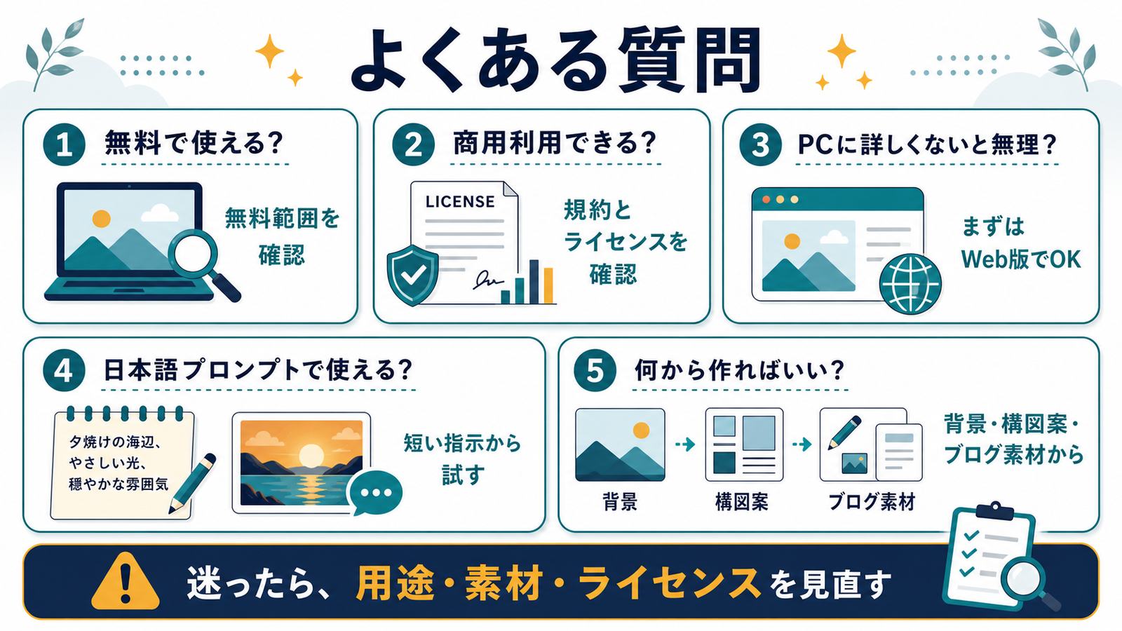 Stable Diffusionの無料範囲商用利用PC知識日本語プロンプト作るものを整理するFAQ図