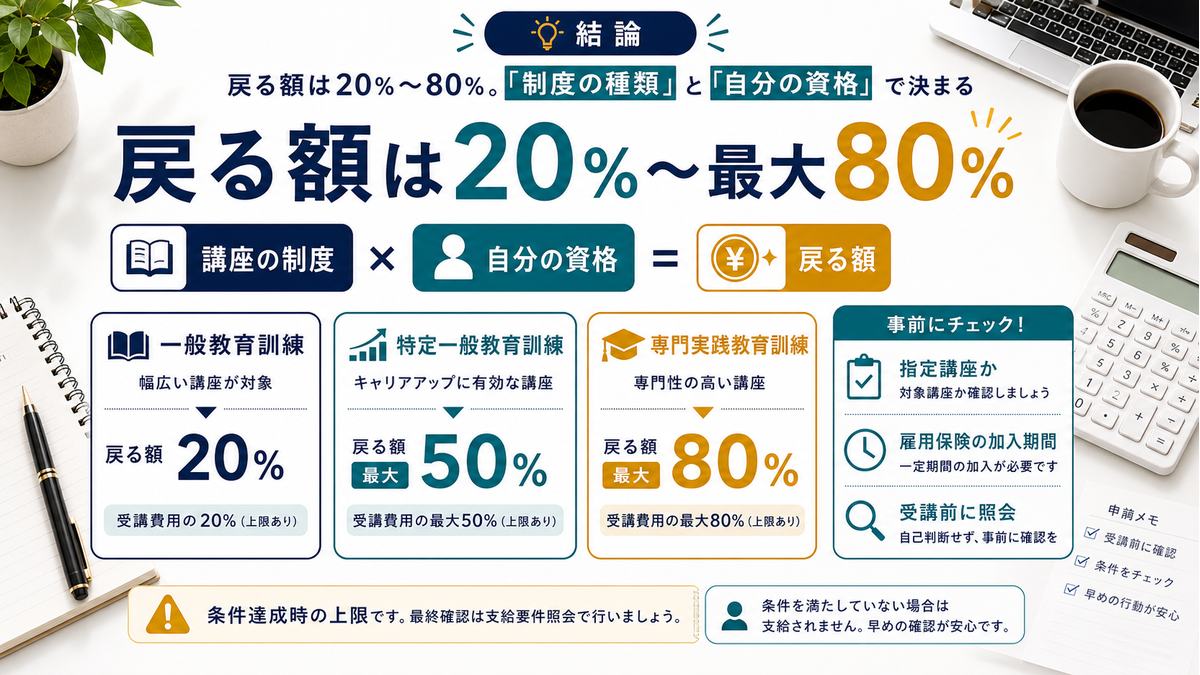 教育訓練給付金の戻る額は制度の種類と自分の受給資格で決まることを示す図解