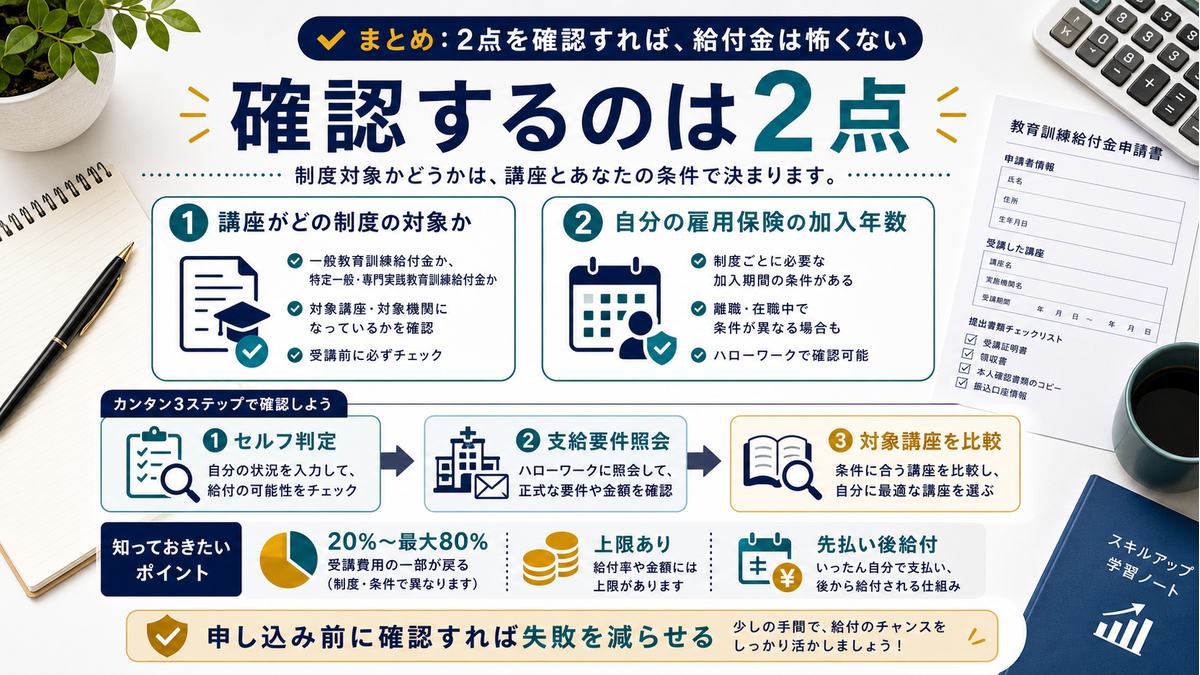 教育訓練給付金は講座の対象制度と雇用保険の加入年数の2点を確認するまとめ図解