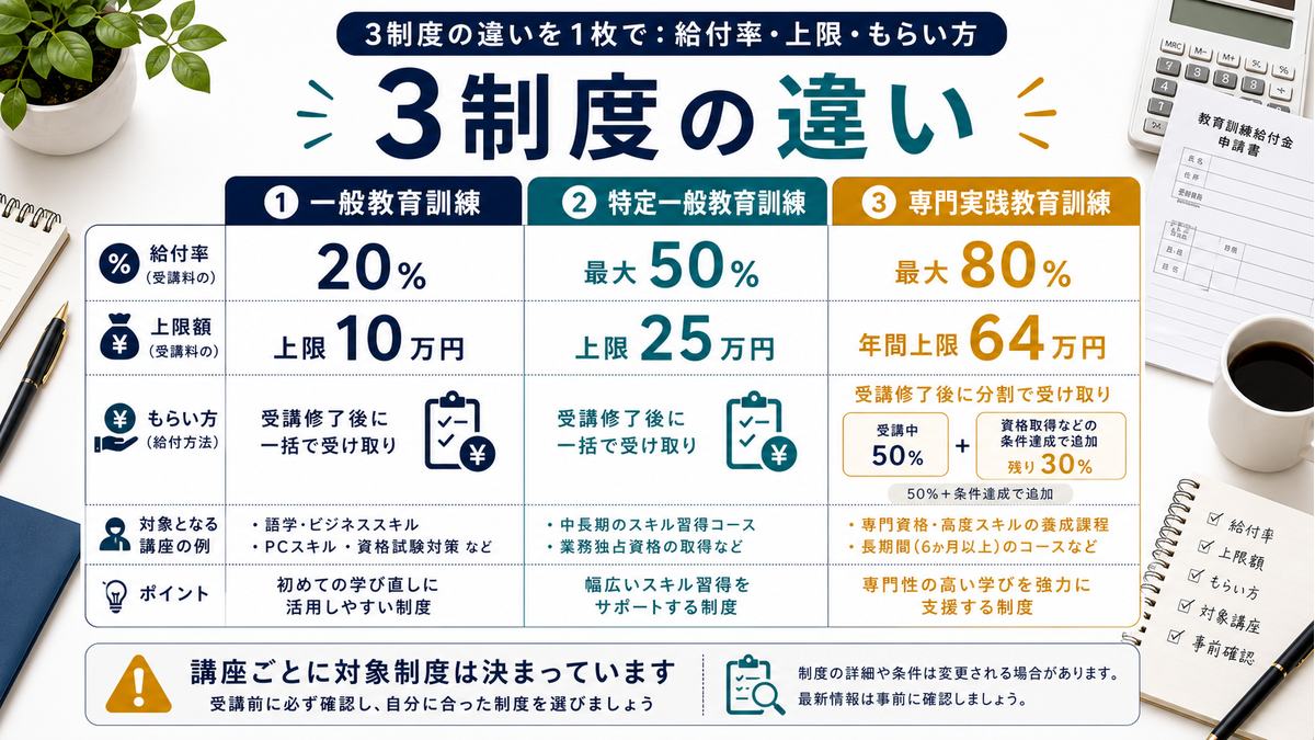 一般教育訓練、特定一般教育訓練、専門実践教育訓練の給付率と上限を比較する図解