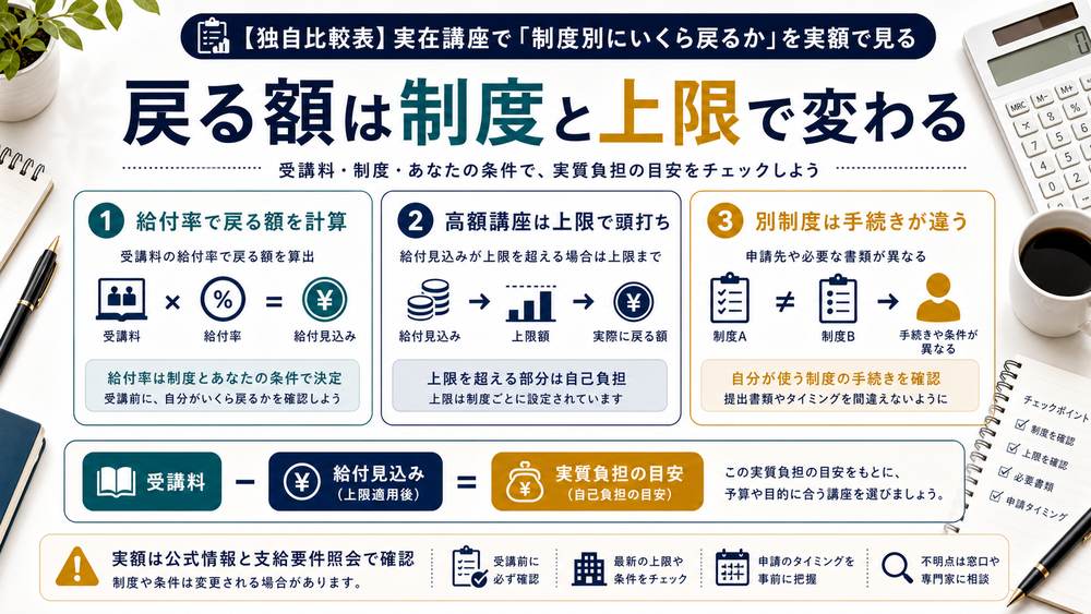 教育訓練給付金の戻る額は制度と上限で変わることを示す比較図解