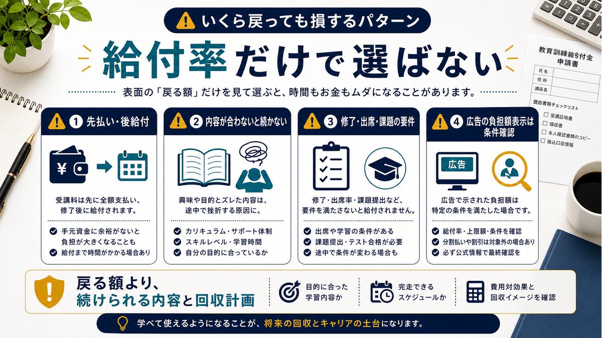 教育訓練給付金を給付率だけで選ぶと損しやすいパターンを示す注意図解