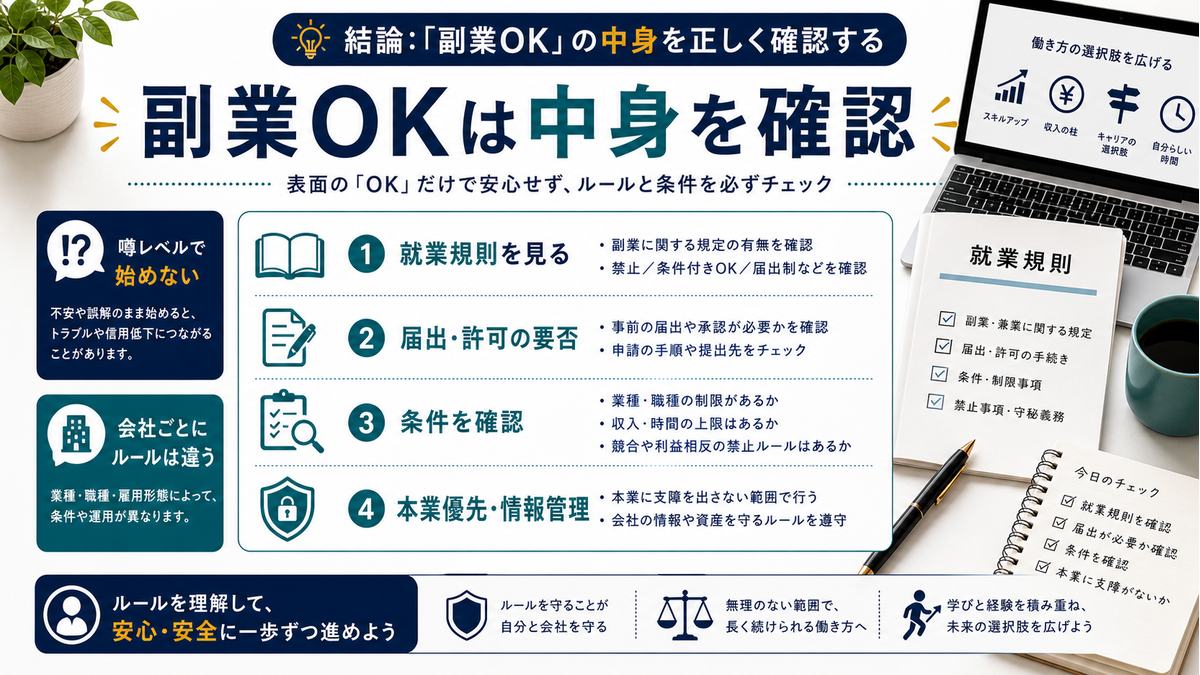 副業OKの中身を就業規則や届出許可の有無で確認する図解