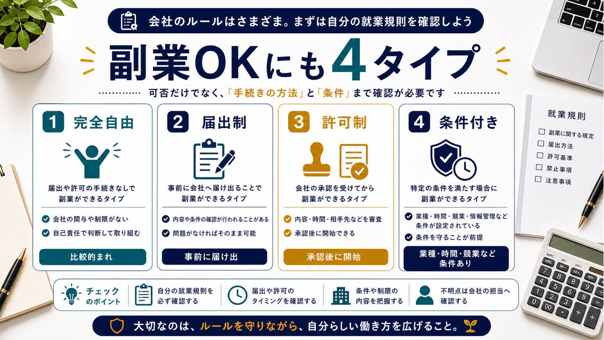 副業OKにも完全自由、届出制、許可制、条件付きの4タイプがあることを示す図解