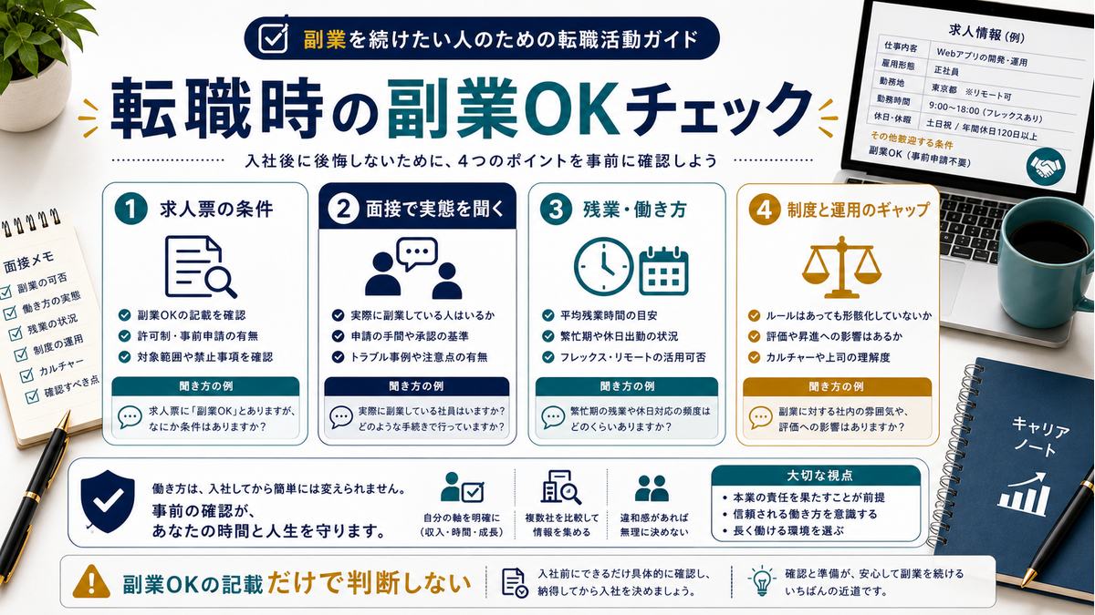 副業OK企業へ転職するときに求人票、面接、残業、運用実態を確認する図解
