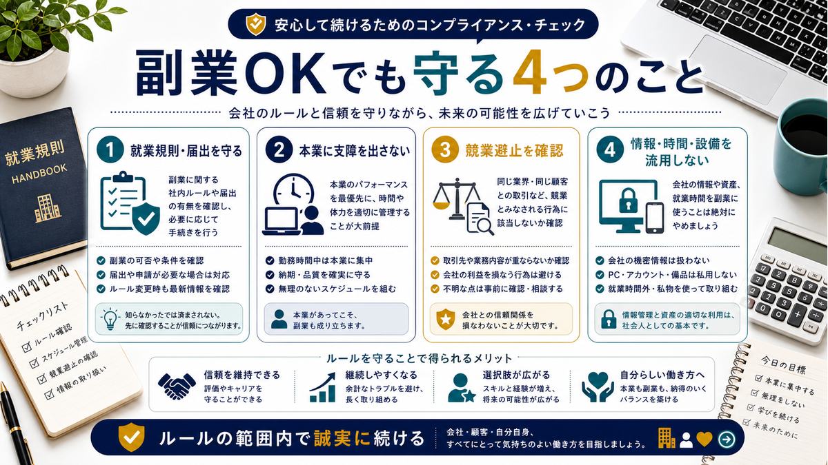 副業OKでも就業規則、本業優先、競業避止、情報管理を守る必要があることを示す図解