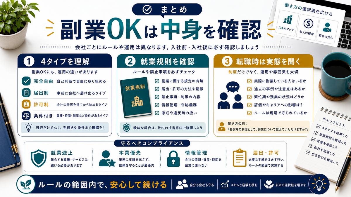 副業OKは中身を確認しルールの範囲内で安心して続けるというまとめ図解