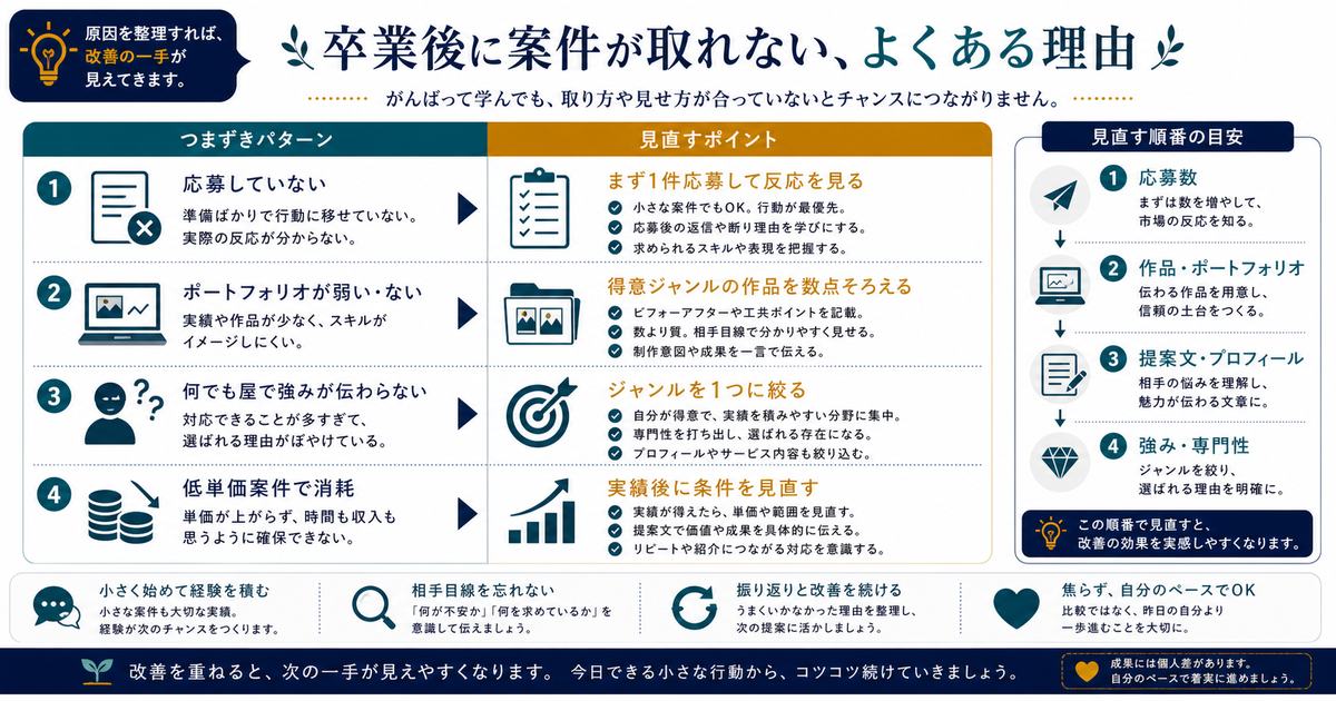 スクール卒業後に案件が取れない理由を応募数、ポートフォリオ、強み、低単価消耗の観点で整理した図解